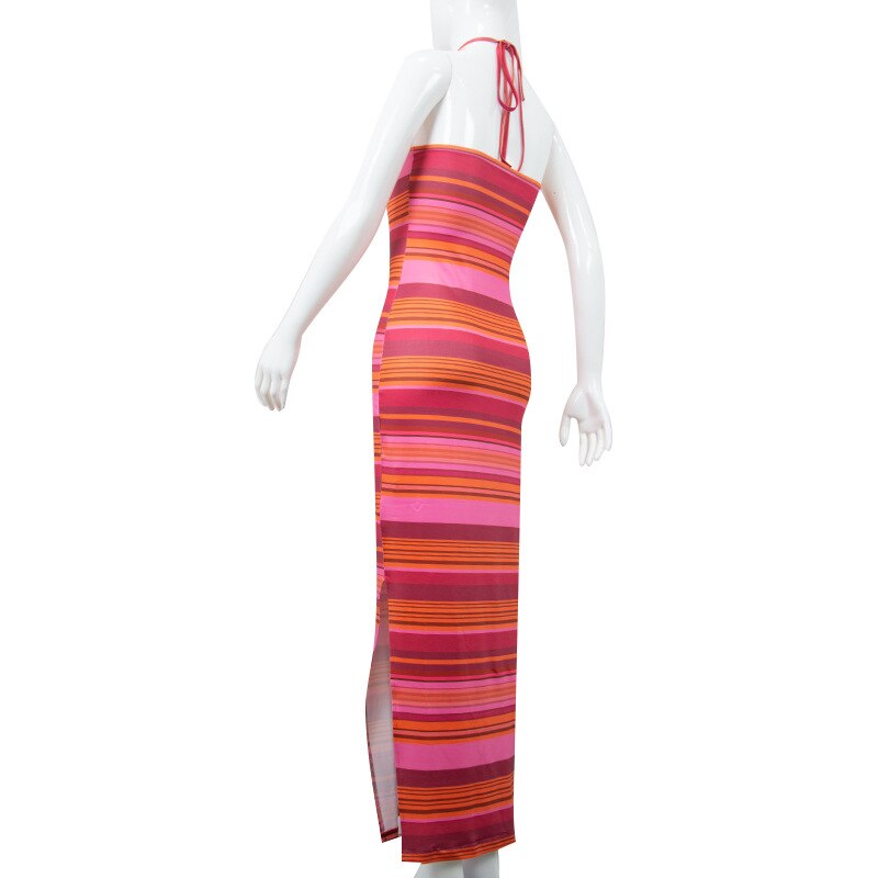 Stripe Halter Bodycon Maxi Dress