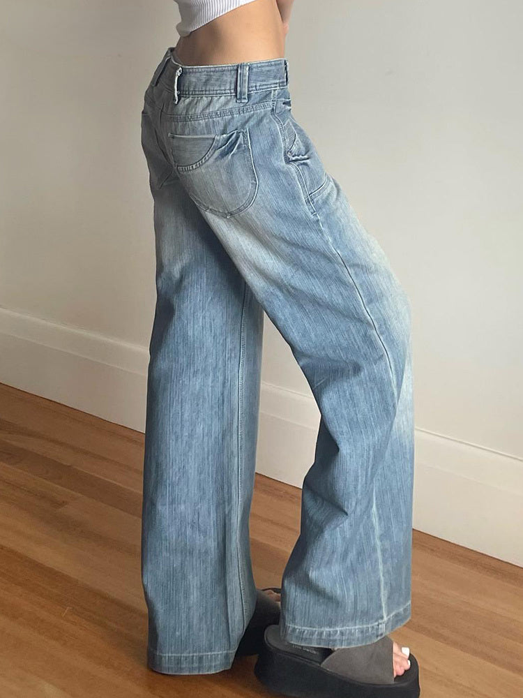Loose Casual Jeans Mid Waist Y2K Streetwear Aesthetics Solid Baggy Straight